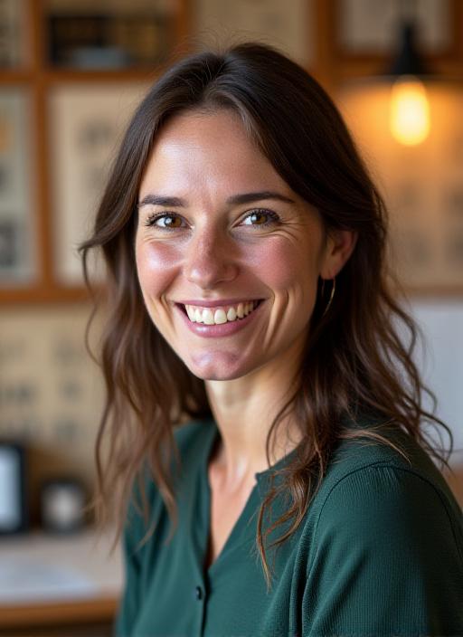Professional headshot of founder Aoife Brennan in her studio, with examples of her calligraphy work in the background.