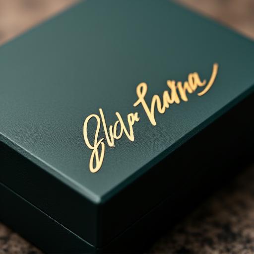 A close-up of a luxury product box featuring an elegant, hand-lettered brand name in gold foil.