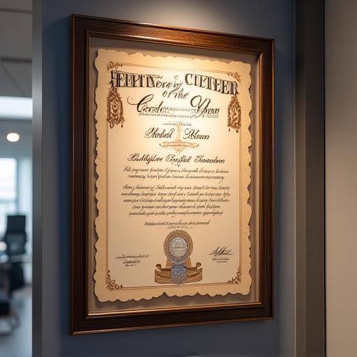 A beautifully framed 'Employee of the Year' certificate, written in elaborate calligraphy, hanging on an office wall.