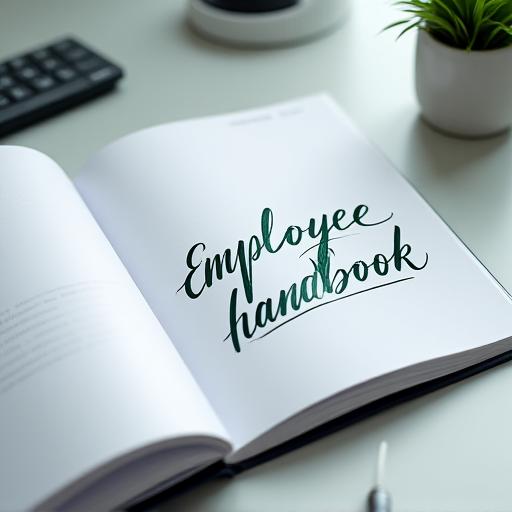An open employee handbook with an elegant calligraphic title on the cover page, resting on an office desk.